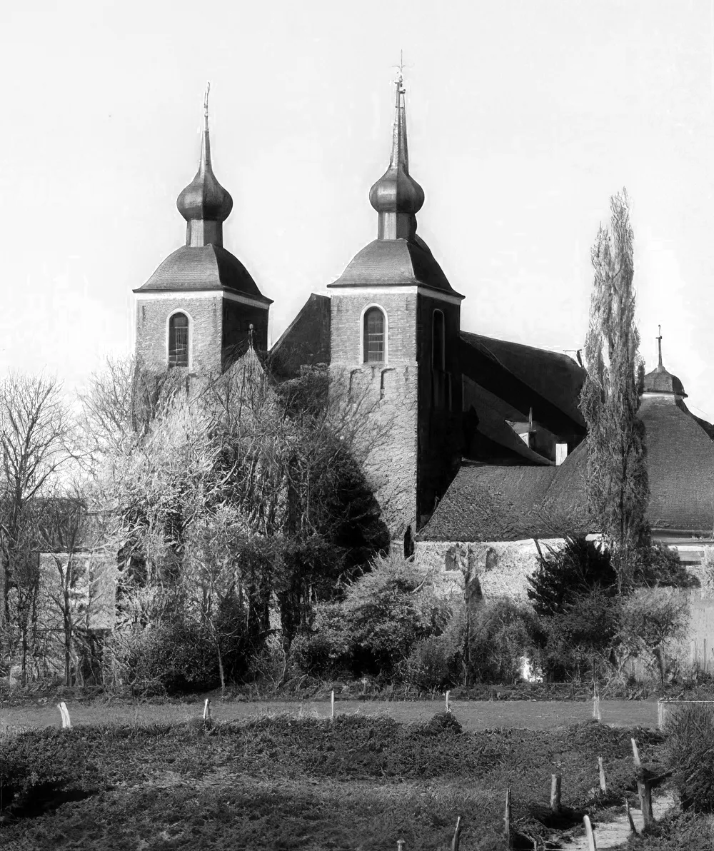 Die Abteikirche des Kloster Kamp mit Weiden im Vordergrung