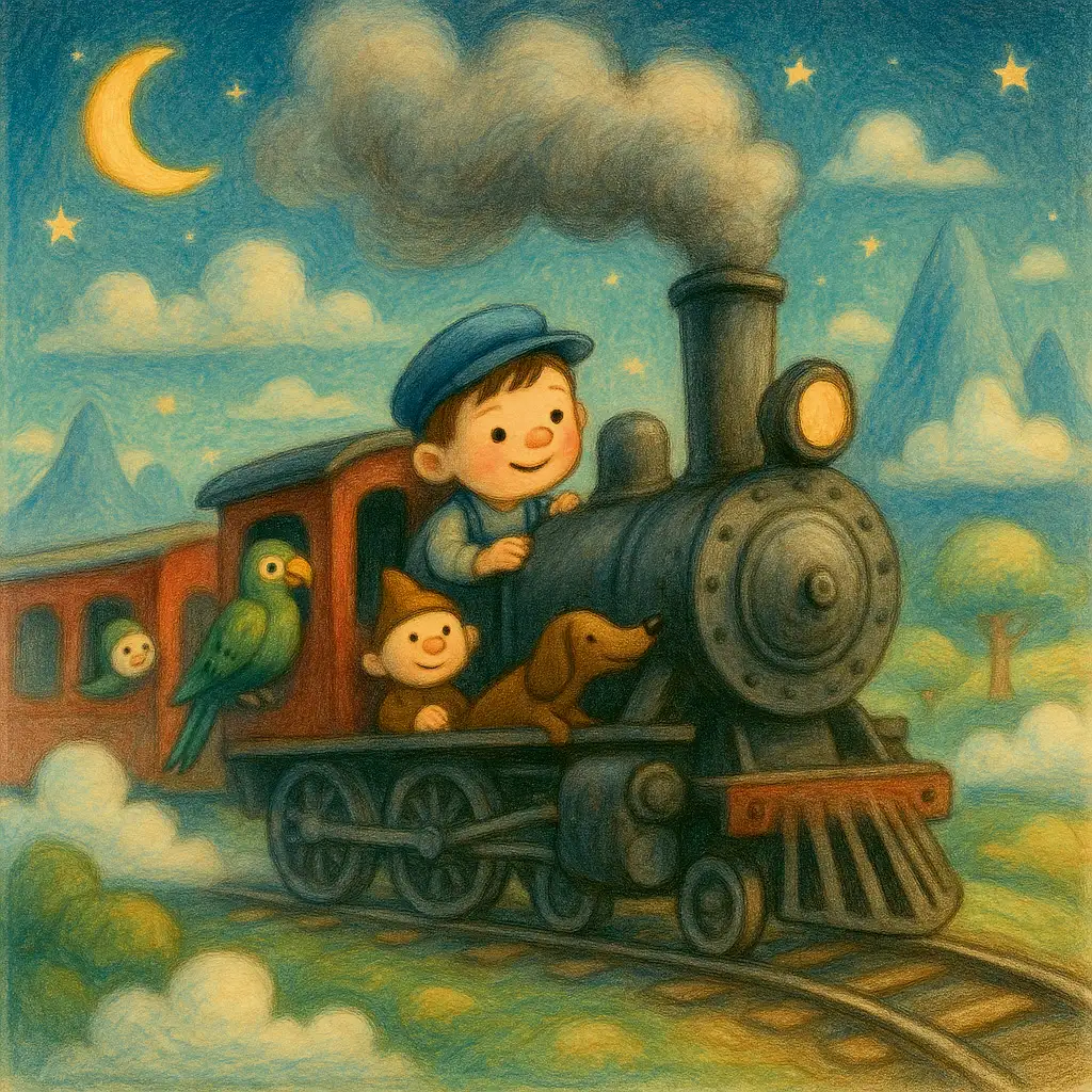 Illustration einer kleinen Lokomotive mit einem Jungen, einem Papagei und einem Dackel an Bord